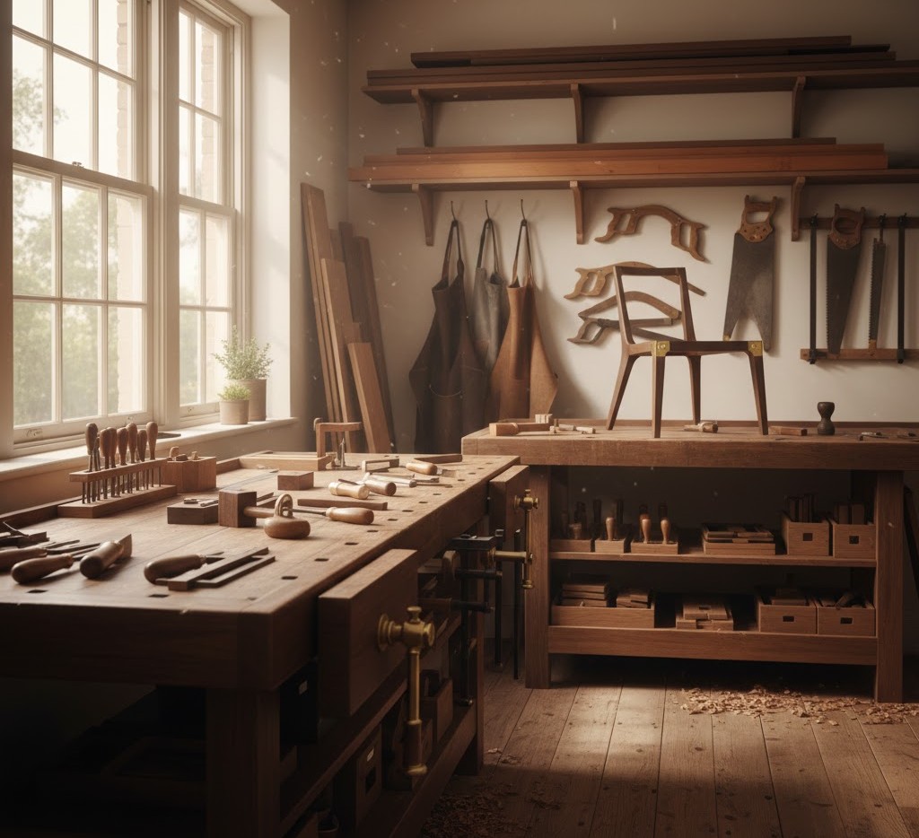Workshop interior with craftspeople